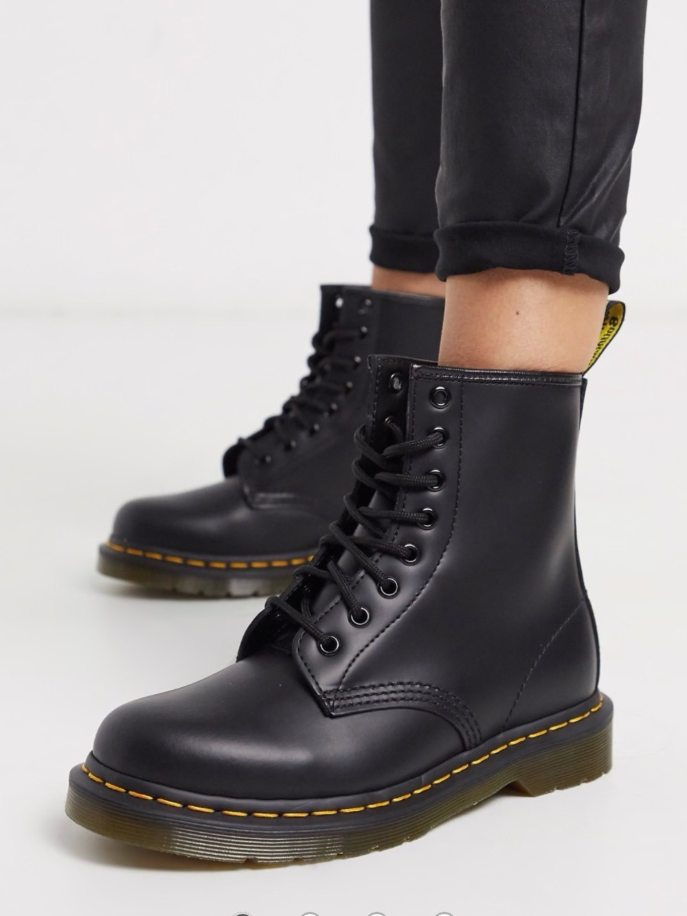 Dr. Martens Black Lace-Up Leather Ankle Boots with Yellow Stitching